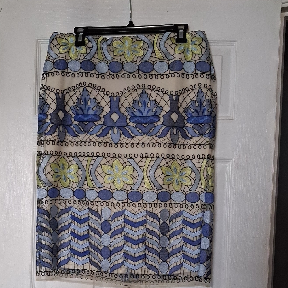 ECI Blue and Tan Embroidered Lace Lined Pencil Skirt